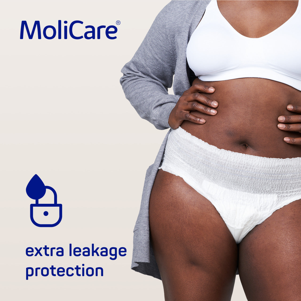 Person wearing MoliCare products with text about extra leakage protection on a light background