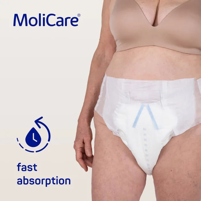 MoliCare product with a person wearing white incontinence pants on a light background