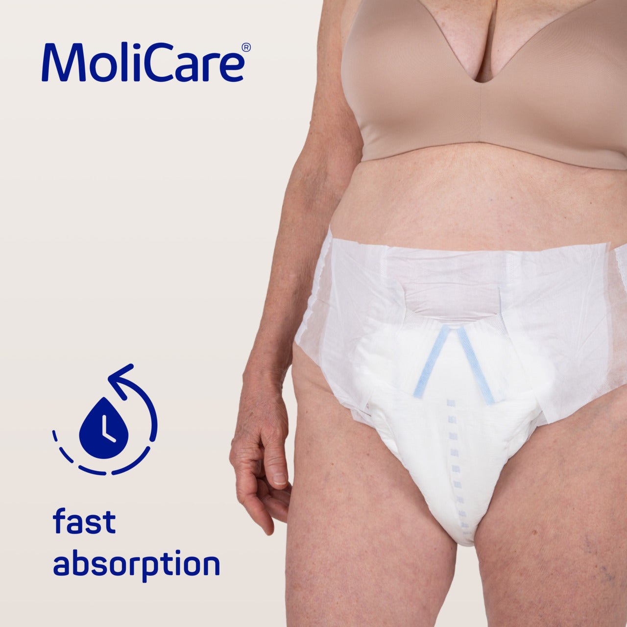 MoliCare product with a person wearing white incontinence pants on a light background