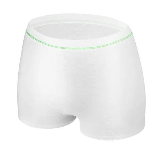 White boxer briefs with green waistband on a white background