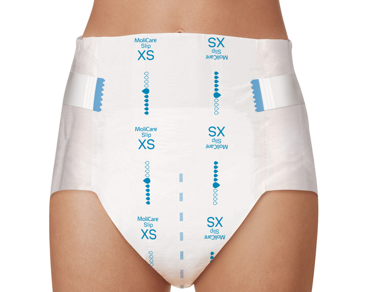 White medical diaper with blue text and branding on a white background