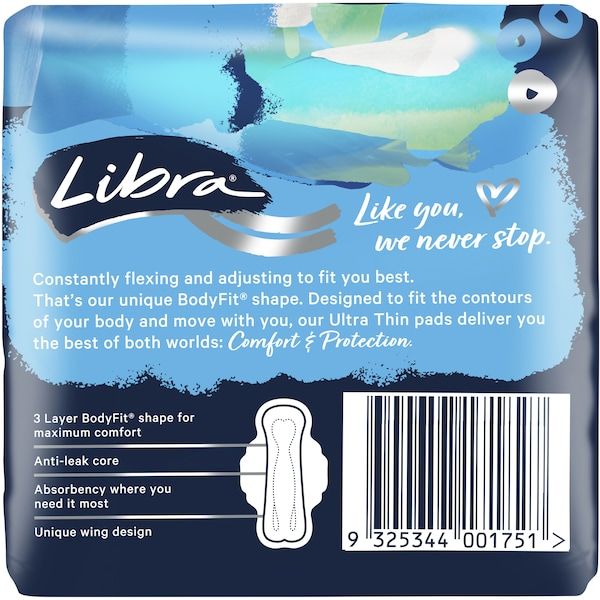 Libra ultra thin pads packaging on a white background