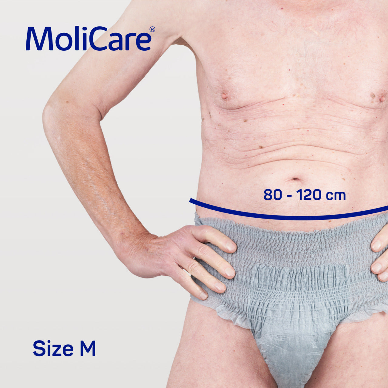 MoliCare product showing a waist measurement range on a person with a plain background