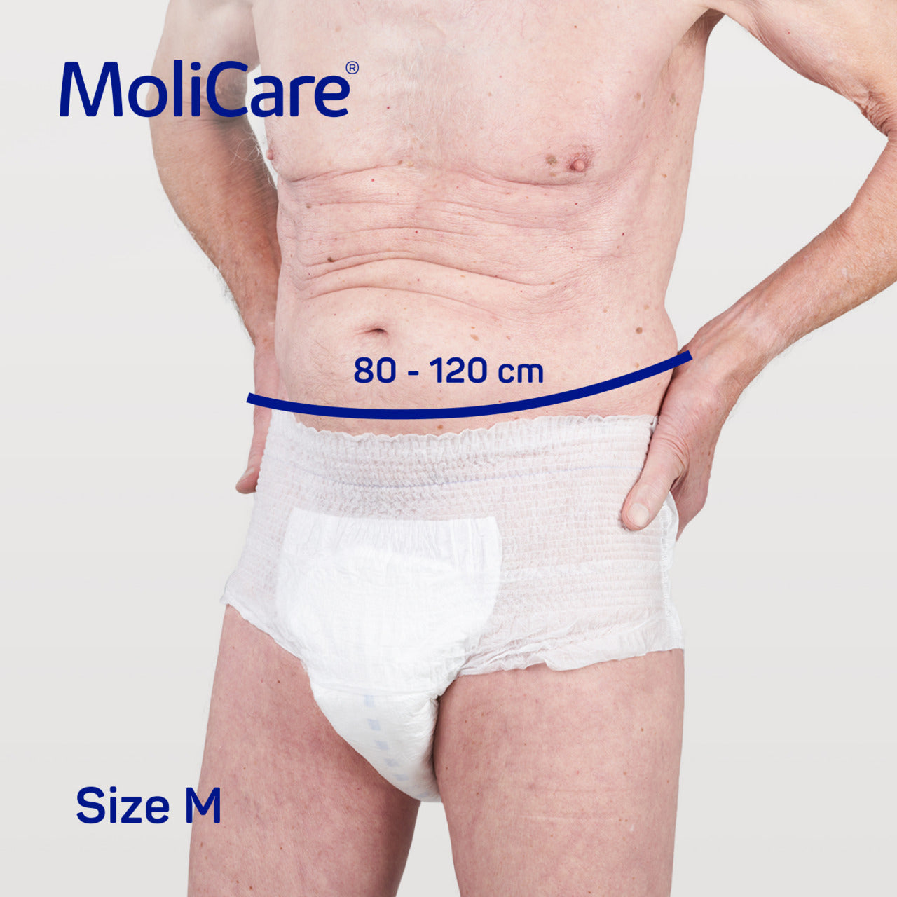 MoliCare product showing a size measurement on a person's waist.