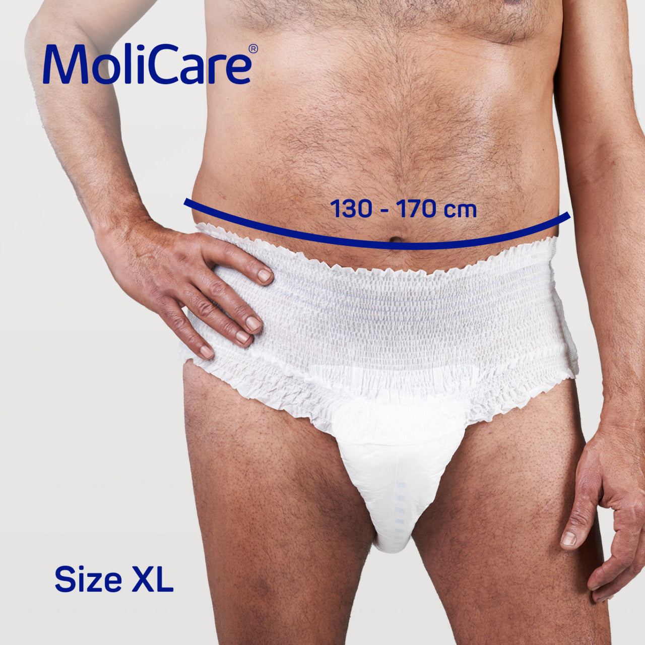 MoliCare product showing a size XL measurement on a person's waist.