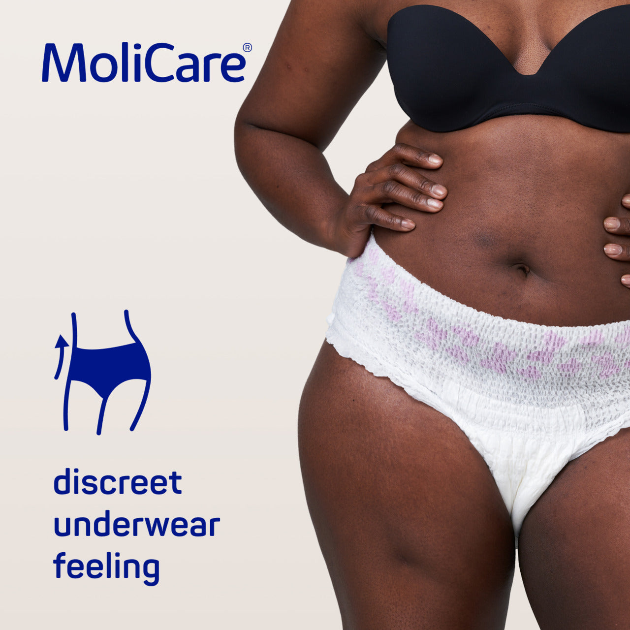 Person wearing white underwear with MoliCare logo and text on a light background
