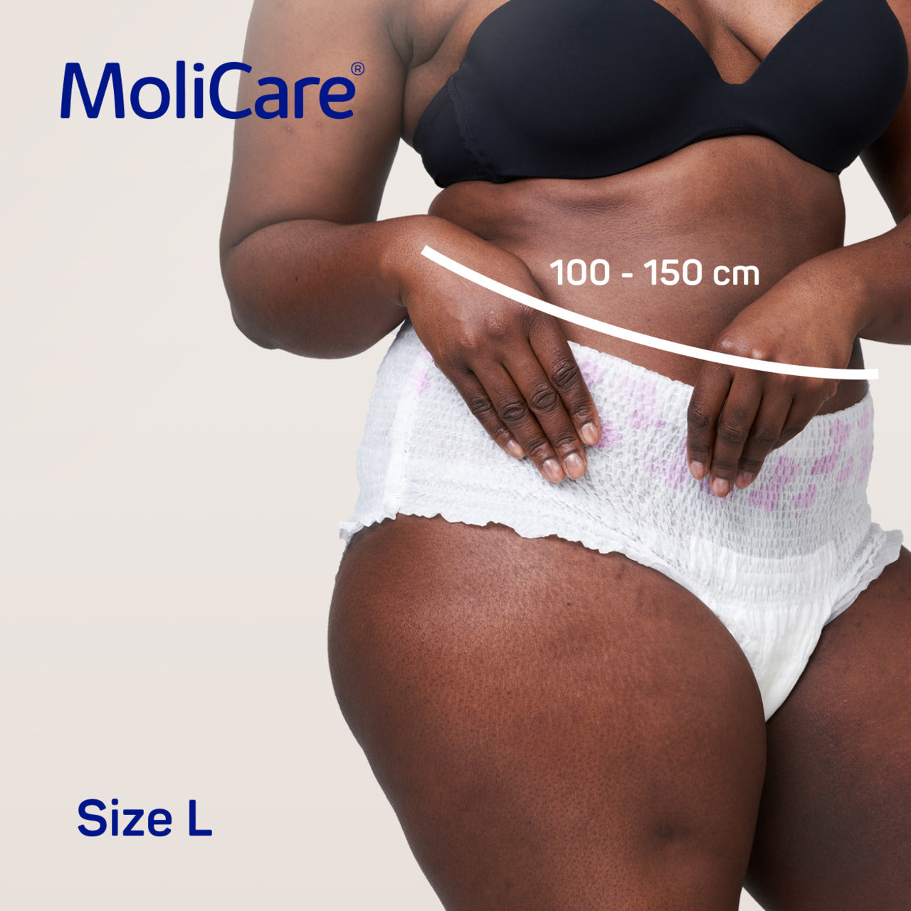 Person wearing MoliCare adult diaper with size L label on a plain background