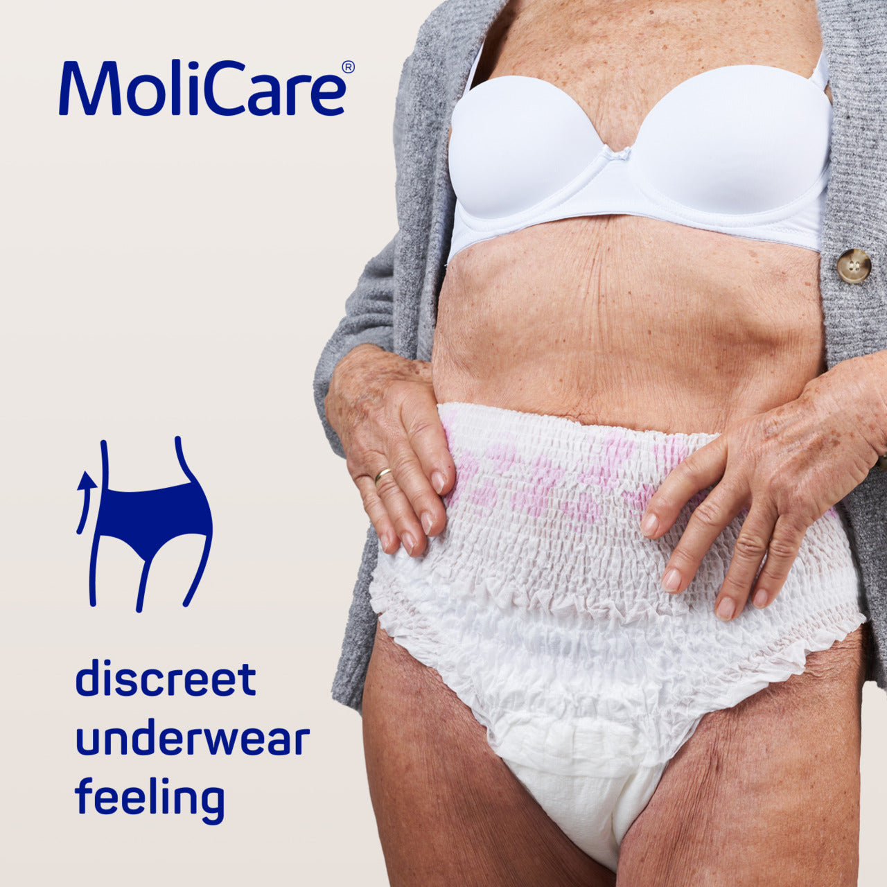 MoliCare product advertisement showing a person wearing a white diaper with a visible stain.