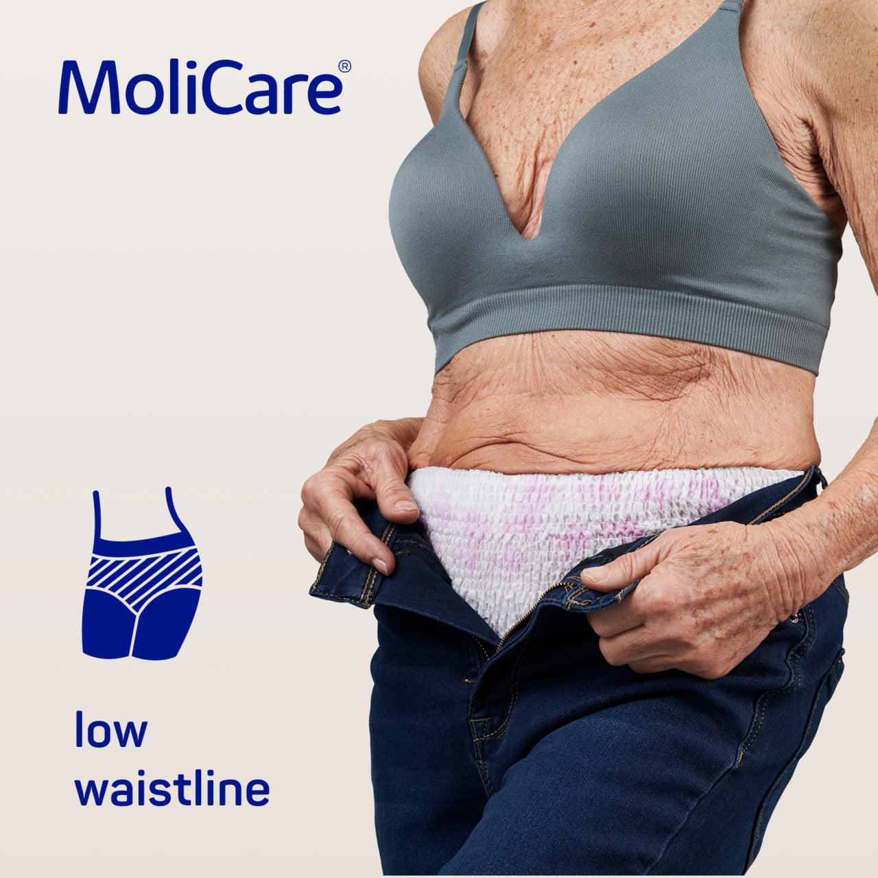 MoliCare product advertisement showing a person with visible skin texture wearing a gray bra and blue underwear.