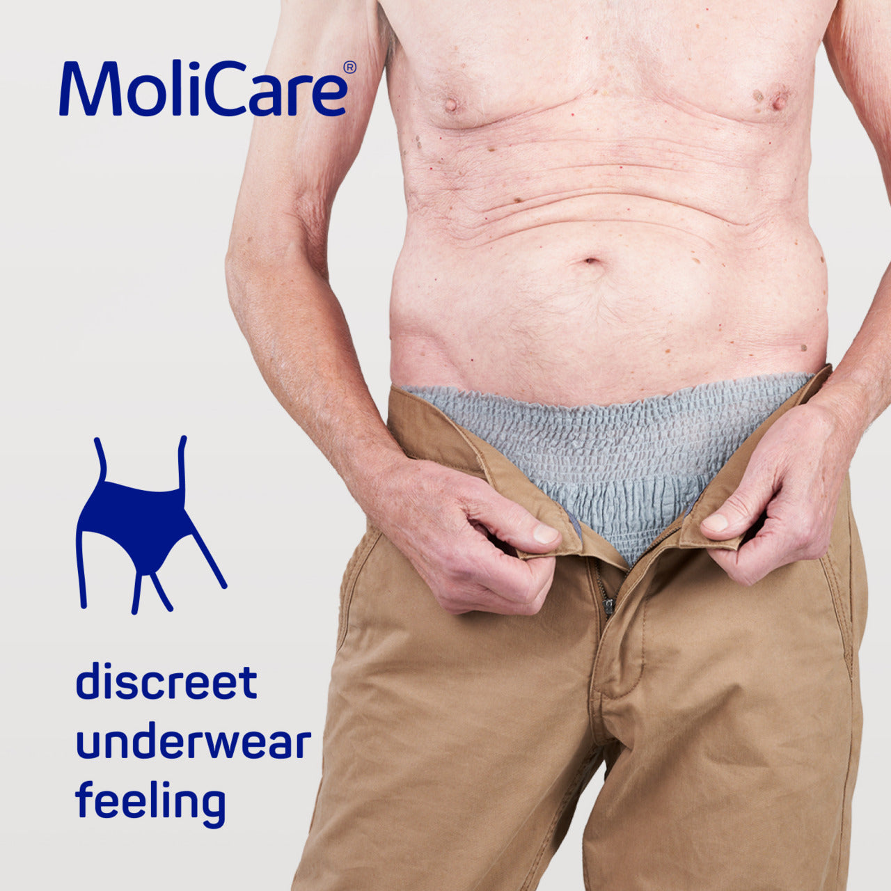 Person wearing MoliCare discreet underwear with a plain background