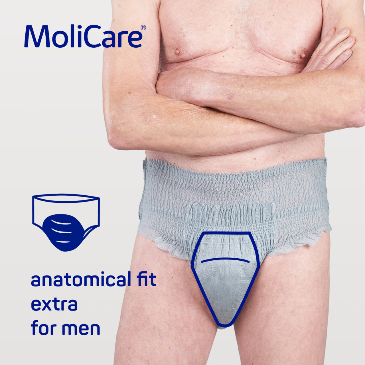 MoliCare anatomical fit extra for men product advertisement with a person wearing underwear.