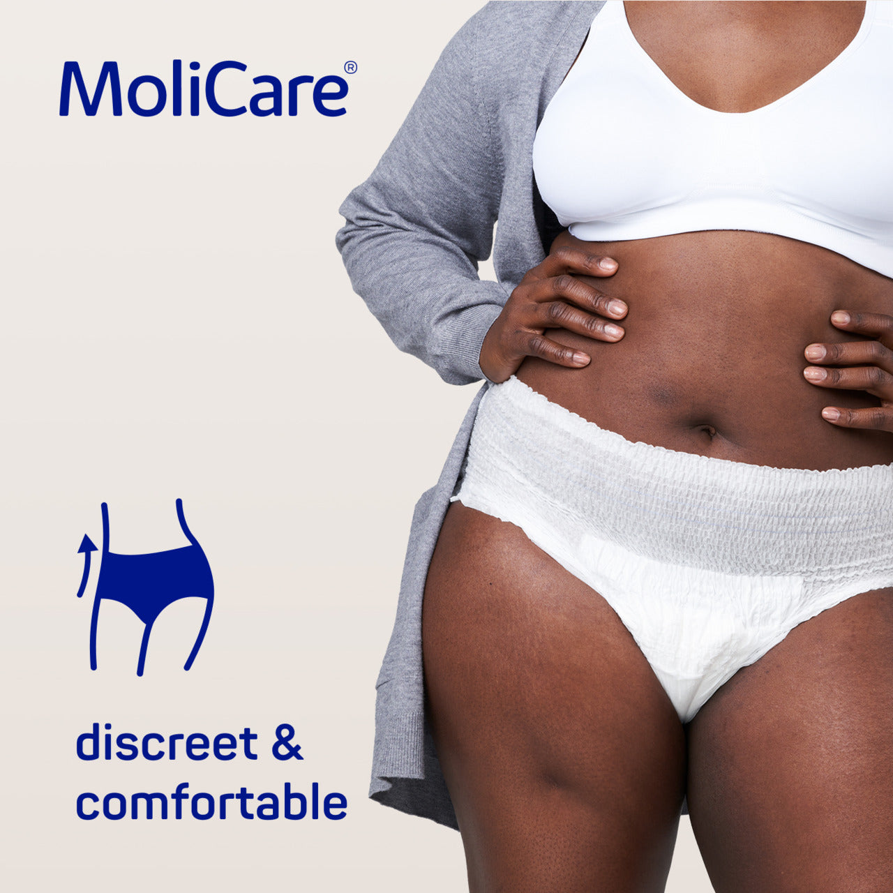 MoliCare advertisement with a person wearing white underwear, text 'discreet & comfortable', and logo on a light blue background.