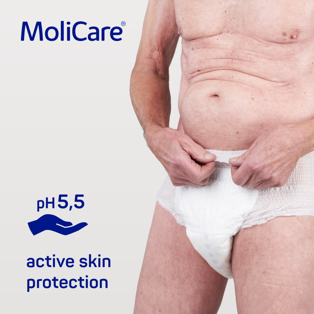 MoliCare product advertisement with a person wearing a diaper on a white background