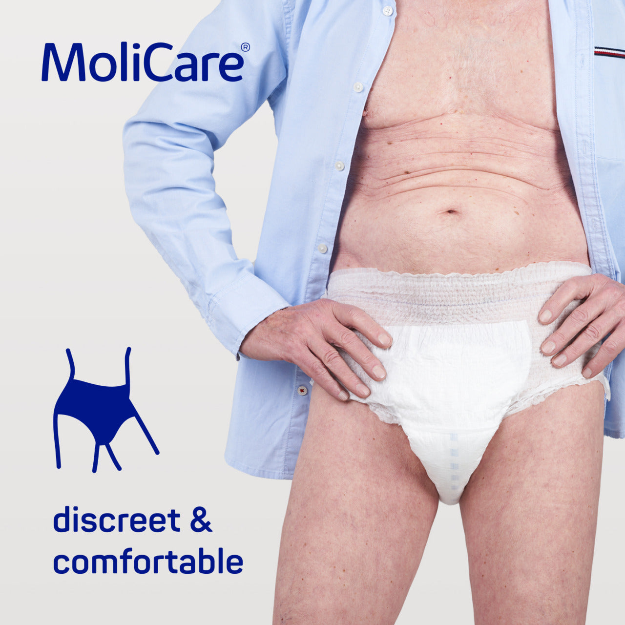 Person wearing a MoliCare product with text 'discreet & comfortable' on a plain background