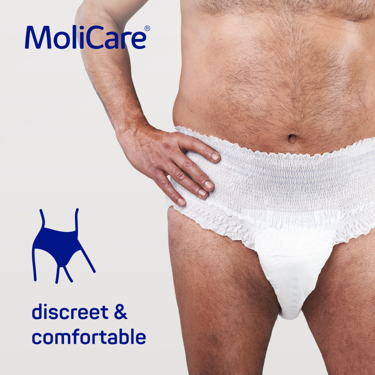 MoliCare product advertisement with a person wearing a diaper on a plain background