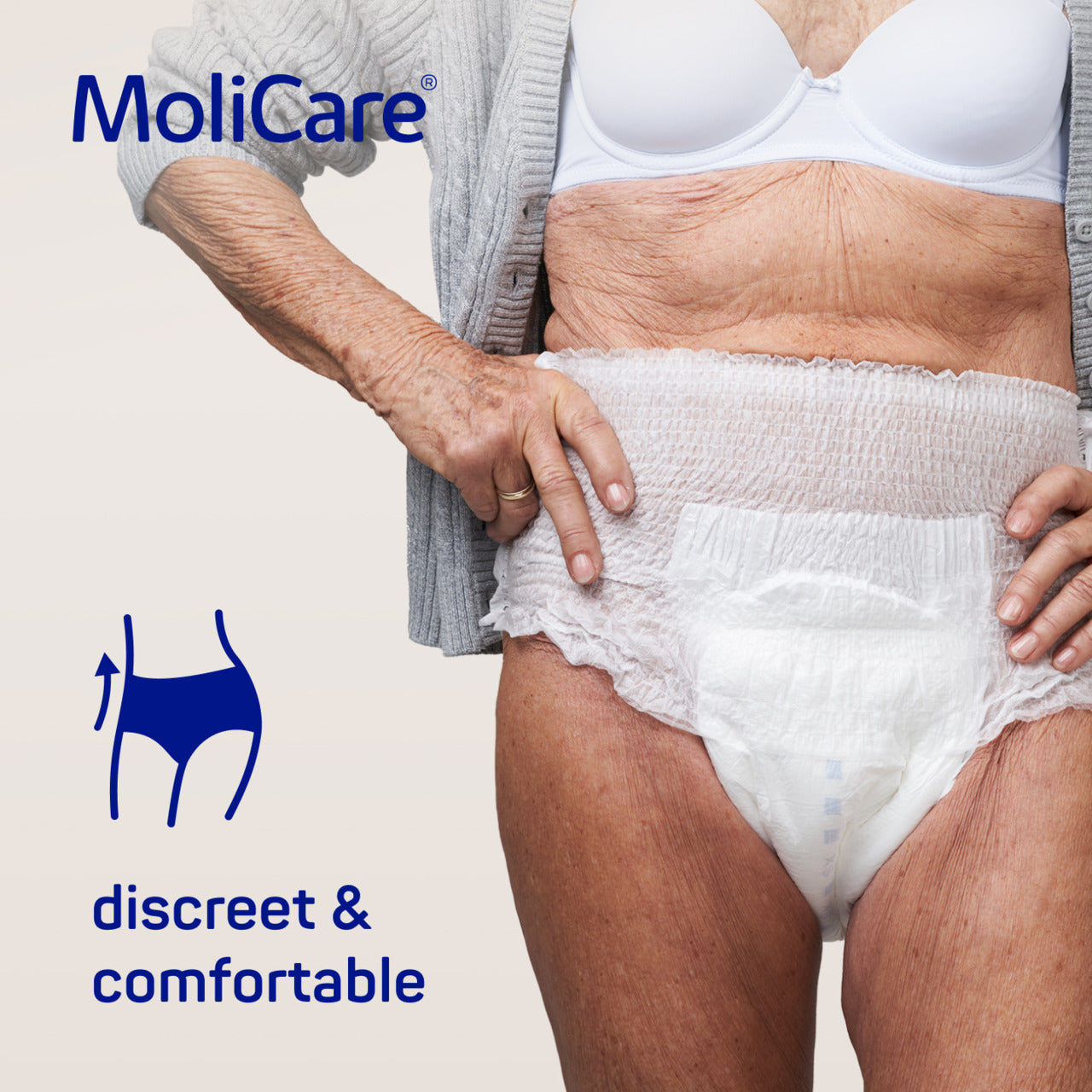 MoliCare product advertisement with a person wearing a diaper, highlighting discreet and comfortable features.
