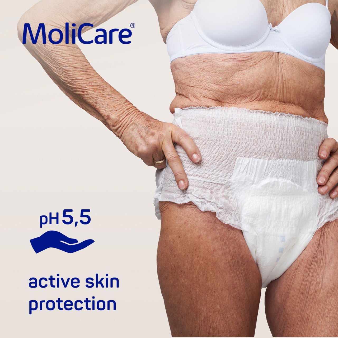 MoliCare product with active skin protection feature on a plain background