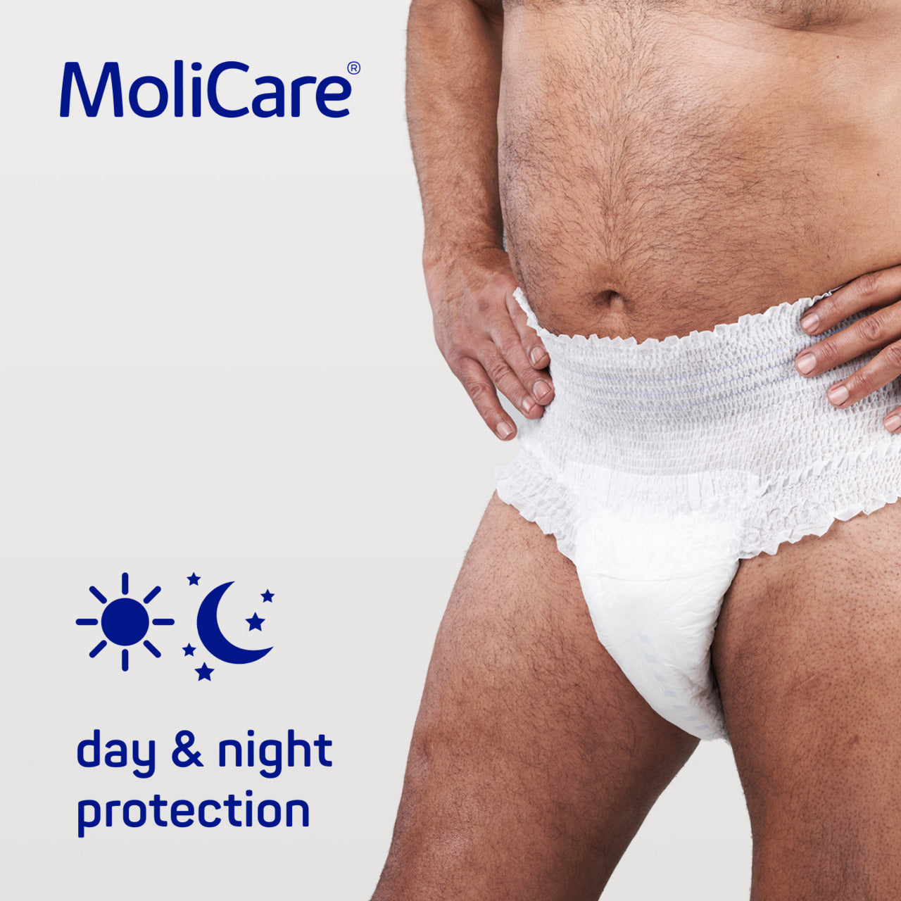 MoliCare adult diaper with 'day & night protection' text and icons on a white background