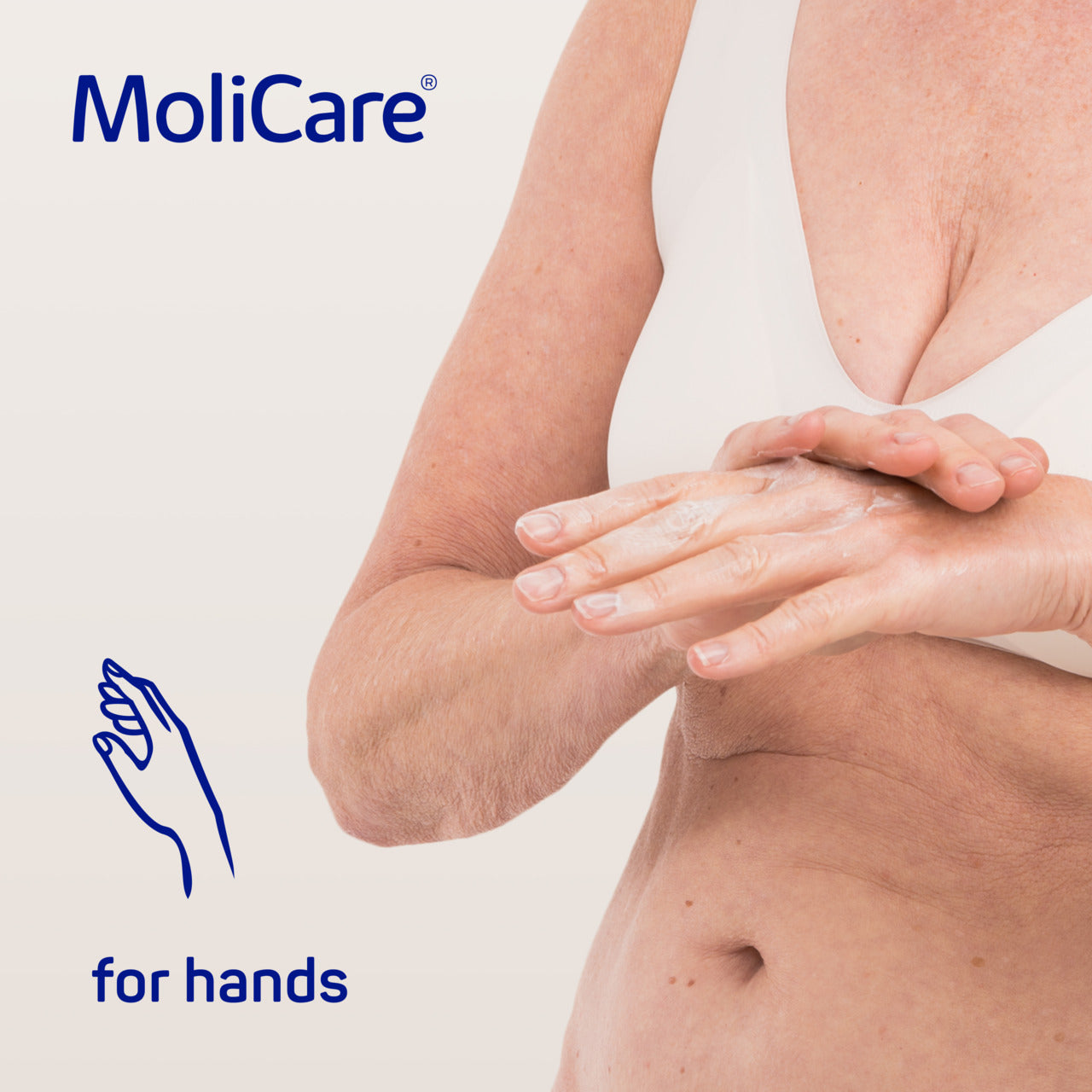 MoliCare product for hands with a person applying cream on their arm.