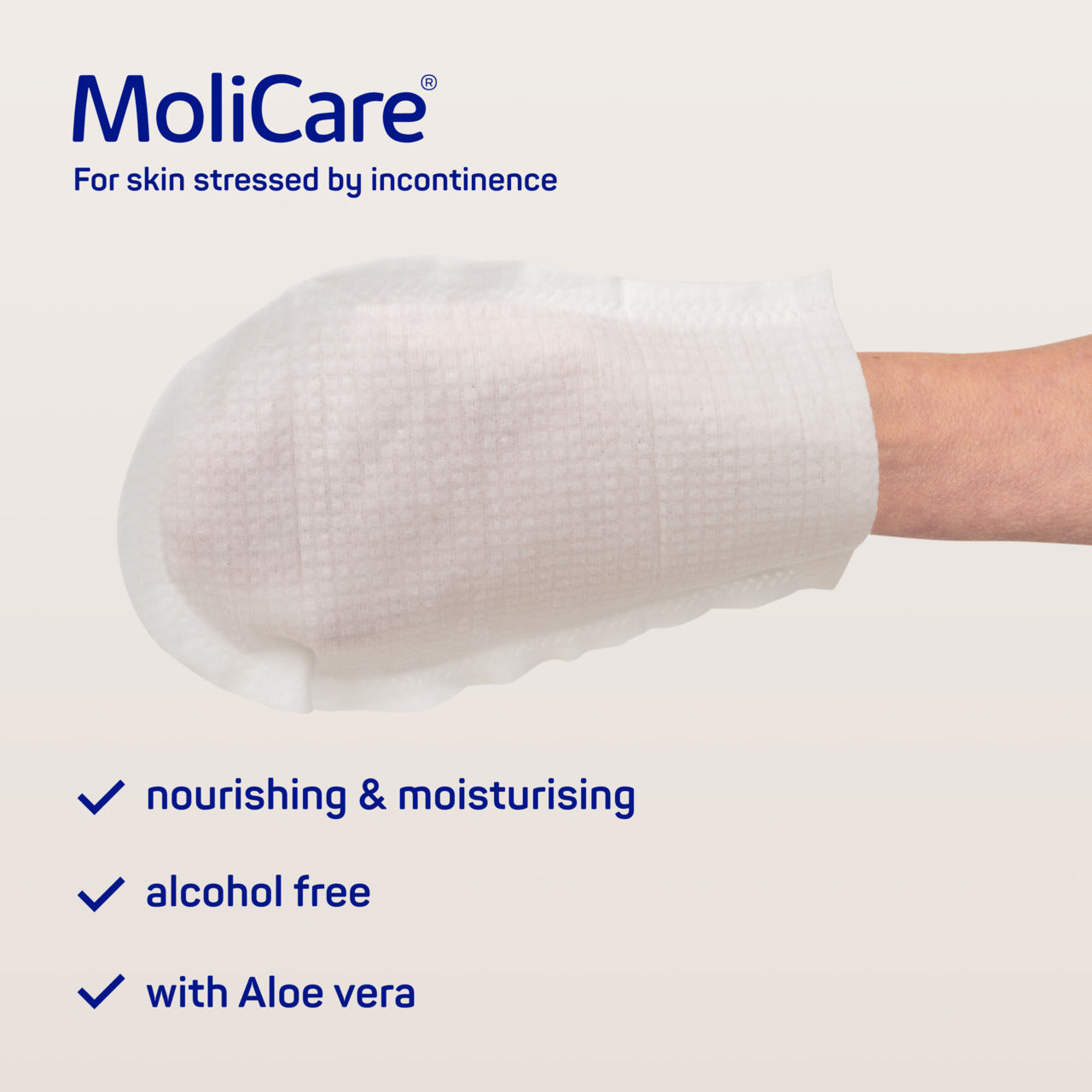 MoliCare product for skin stressed by incontinence with text highlighting benefits on a white background