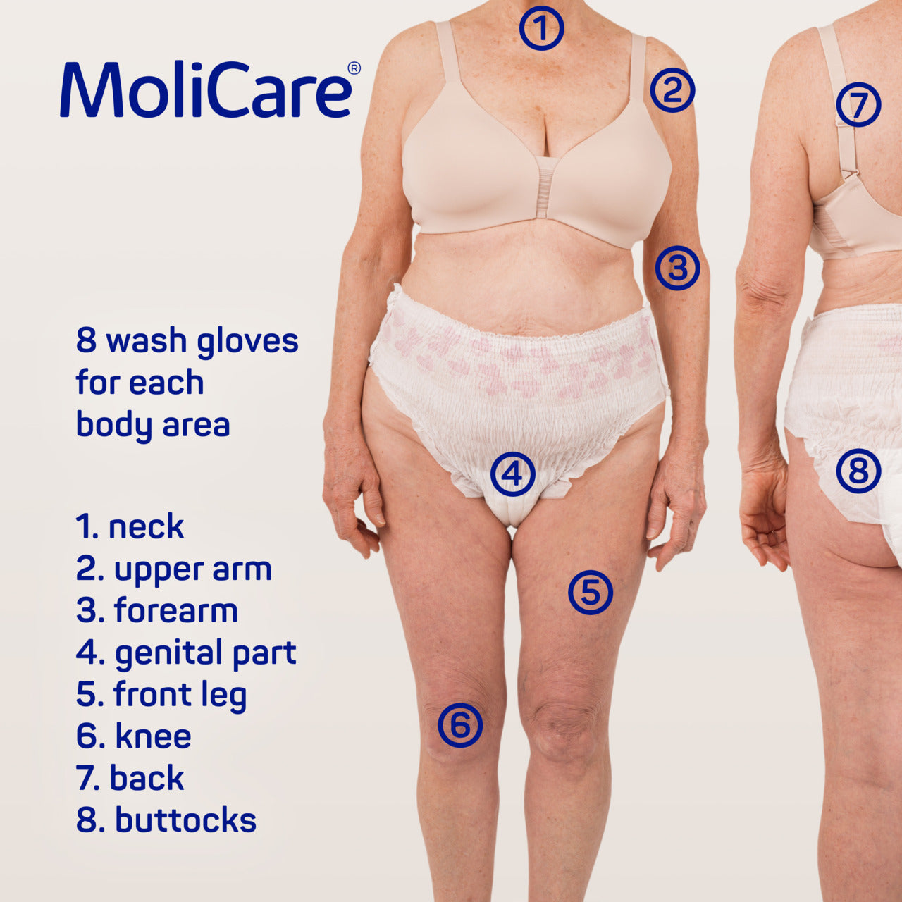 MoliCare product usage chart showing body areas with wash gloves for each part.