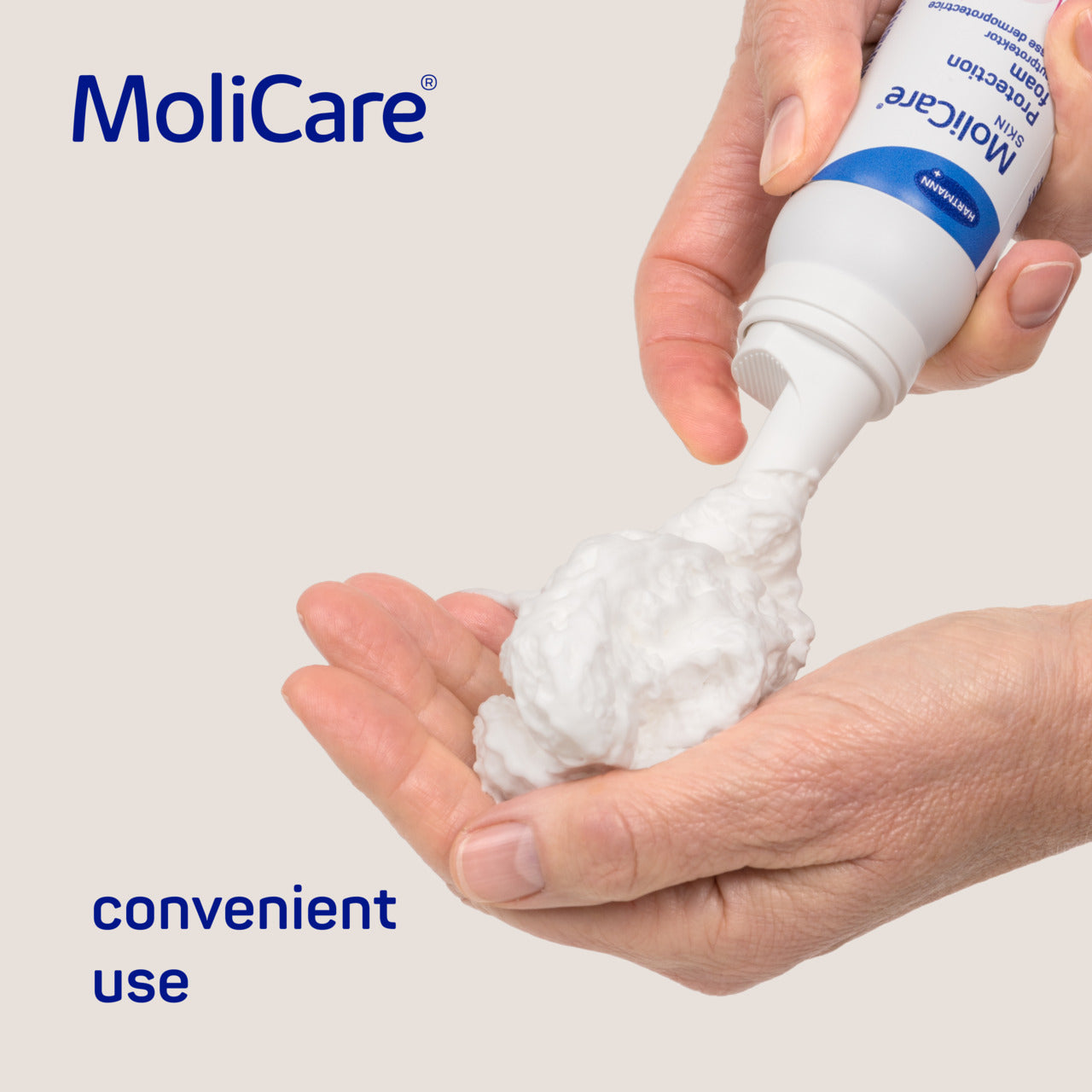 MoliCare product being applied to a hand with a white background