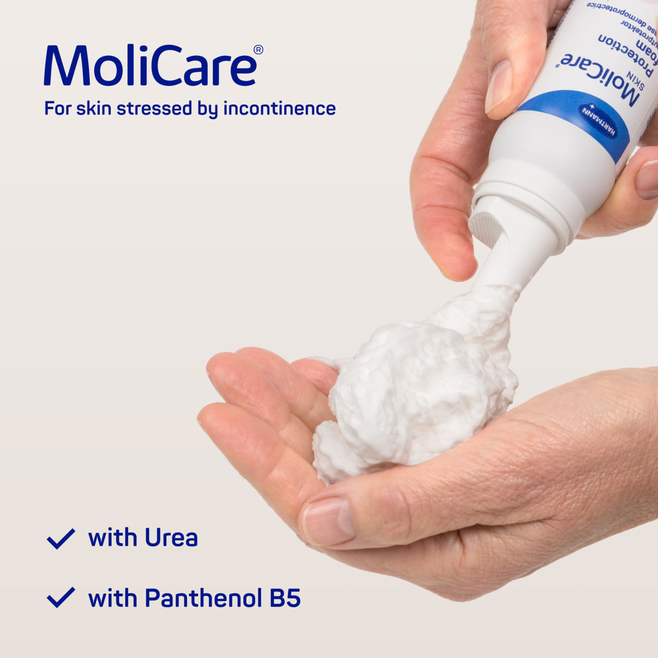 MoliCare product being dispensed onto a hand with visible text about its benefits.
