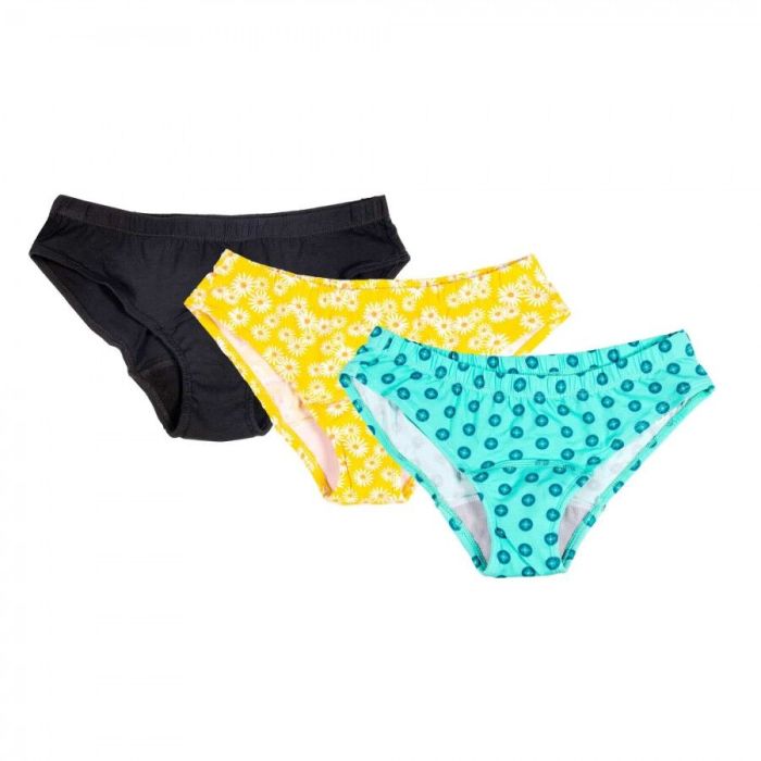 Three pairs of women's underwear in black, yellow with floral pattern, and turquoise with blue polka dots on a white background.