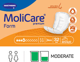 MoliCare premium Form diaper packaging with branding and product details on an orange background