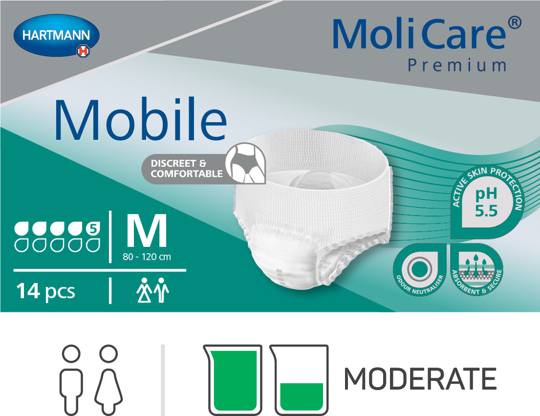 MoliCare Premium Mobile adult diaper packaging with product image and branding.