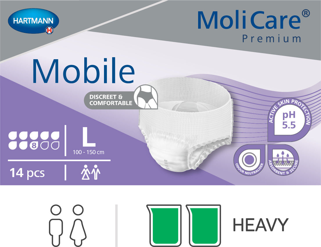 MoliCare Premium Mobile adult diaper packaging with product image and features on a purple and gray background.
