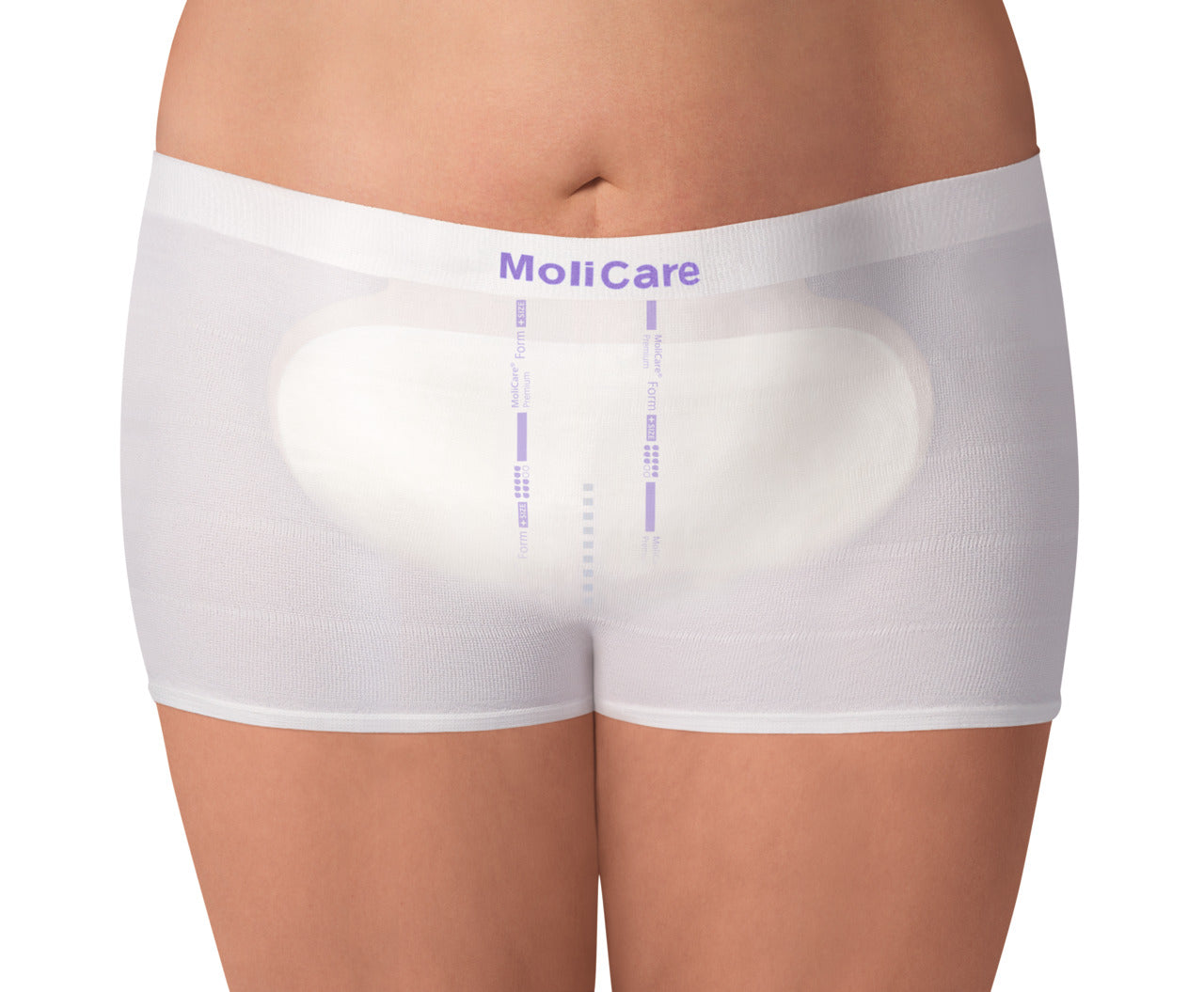 White incontinence pad worn by a person on a white background