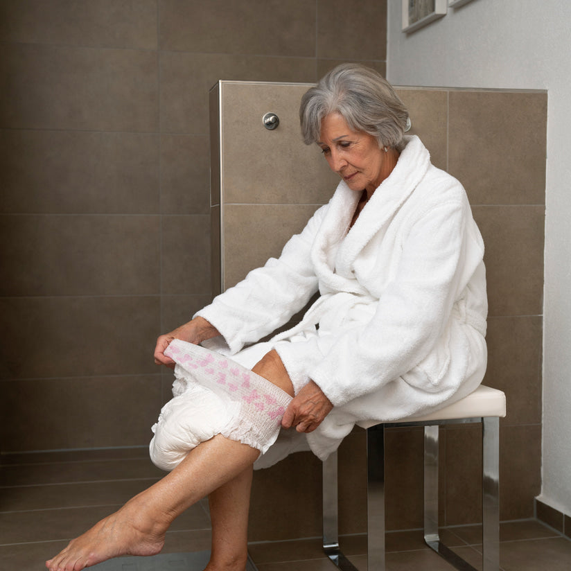 Woman in a white robe sitting on a chair in a bathroom, applying a pink bandage to her leg.