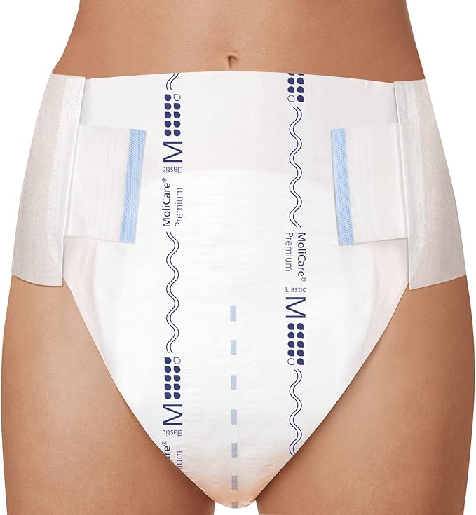Molicare premium elastic adult diaper worn by a person on a white background