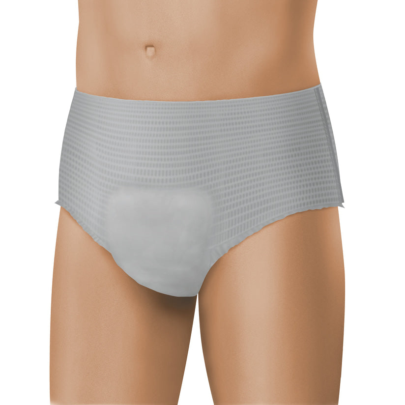 Gray textured underwear on a mannequin against a white background