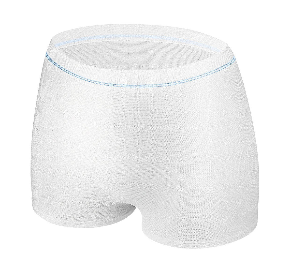 White boxer briefs with a light blue waistband on a white background