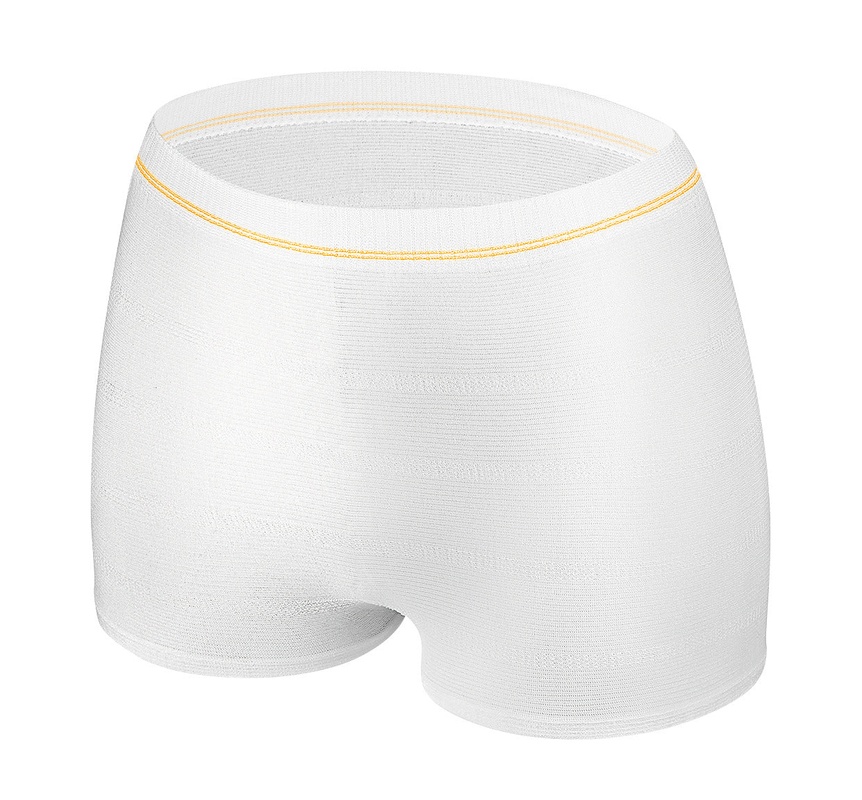 White boxer briefs with yellow waistband on a white background