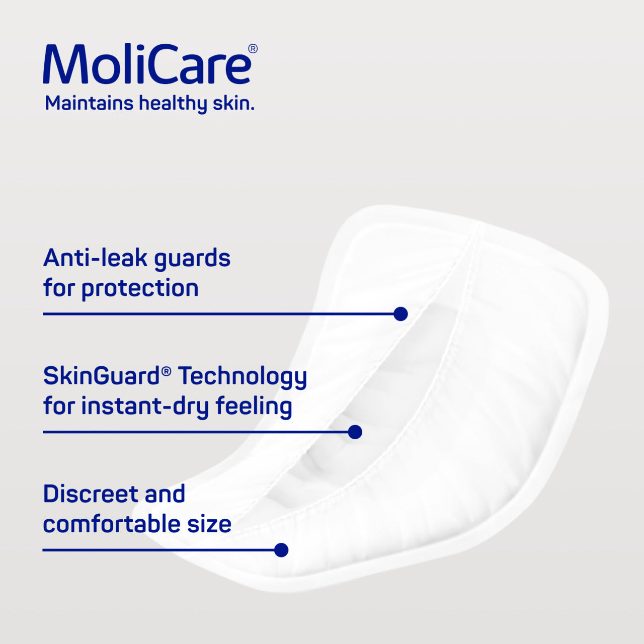 MoliCare product with features listed on a light gray background