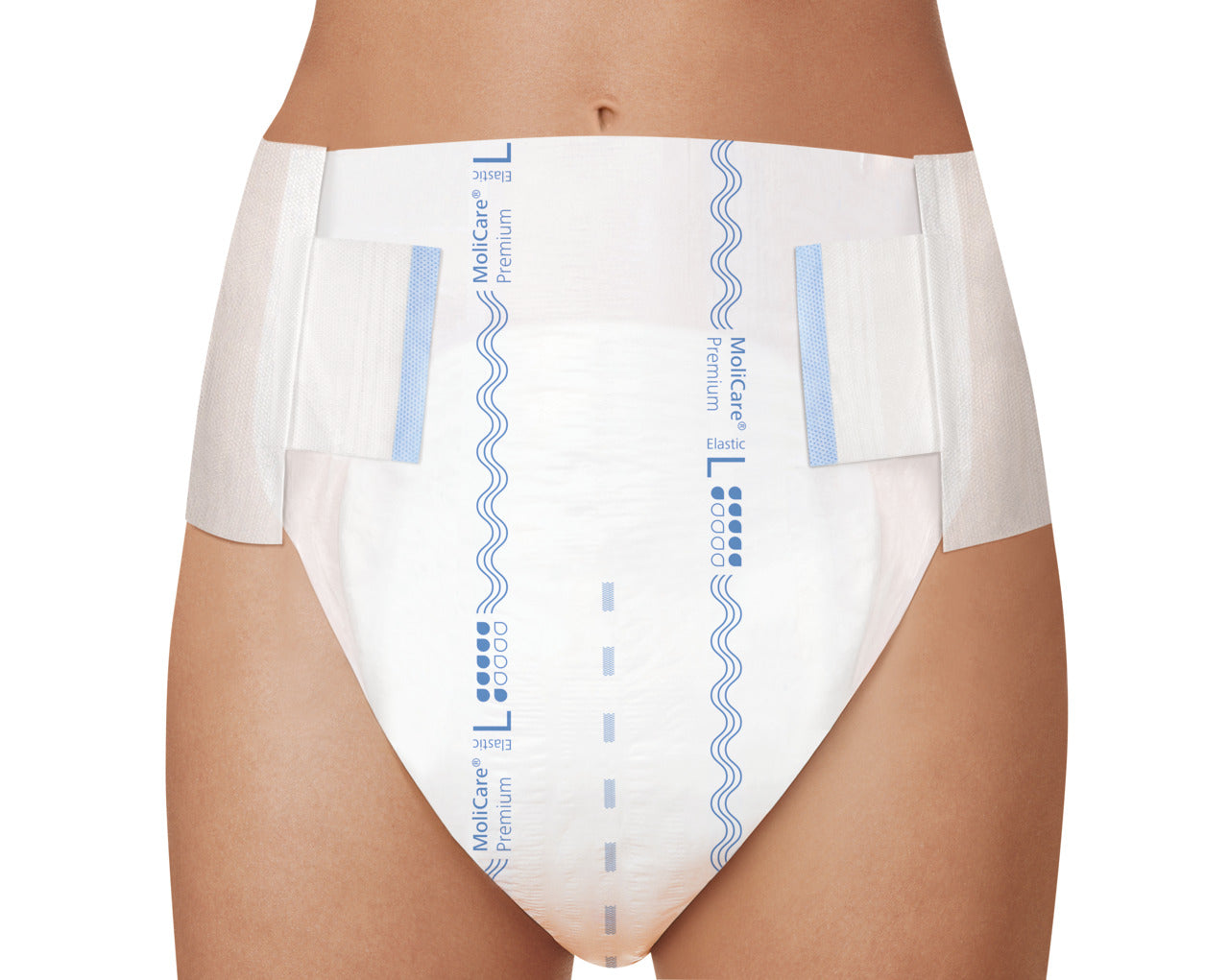 White incontinence pants with blue text on a white background