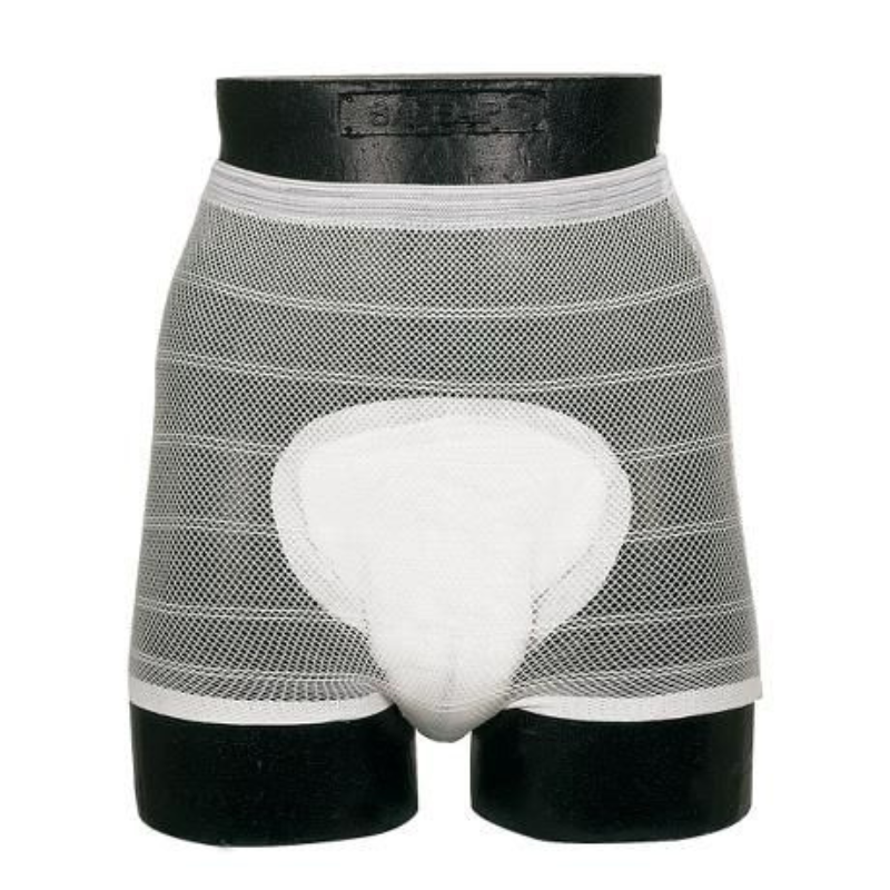 White mesh underwear with a white patch on a black background