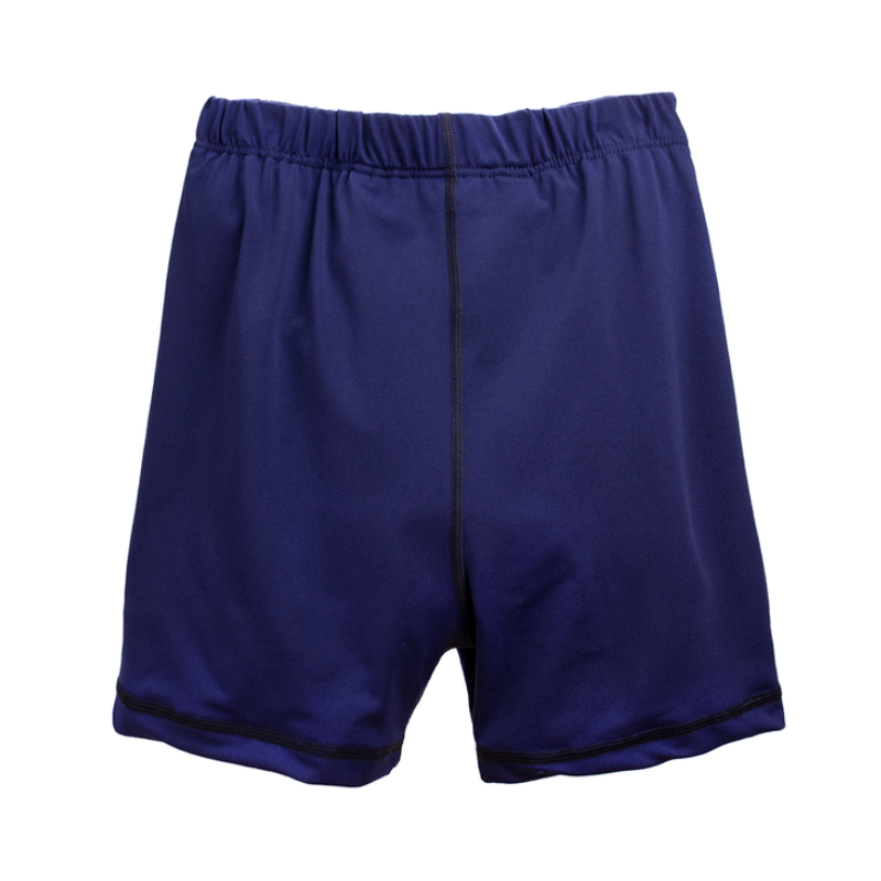 Navy blue shorts with black trim on a white background