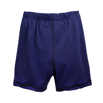 Navy blue shorts with black trim on a white background