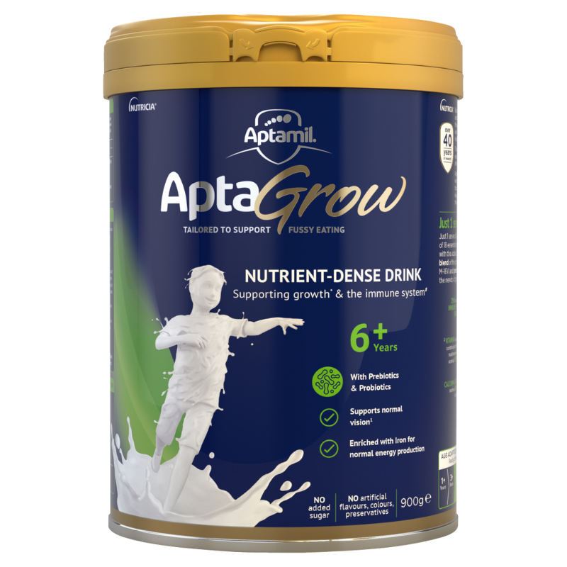 AptaGrow nutrient-dense drink container with blue and gold design on a white background