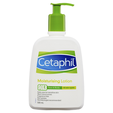 Cetaphil moisturizing lotion bottle with green pump on a white background