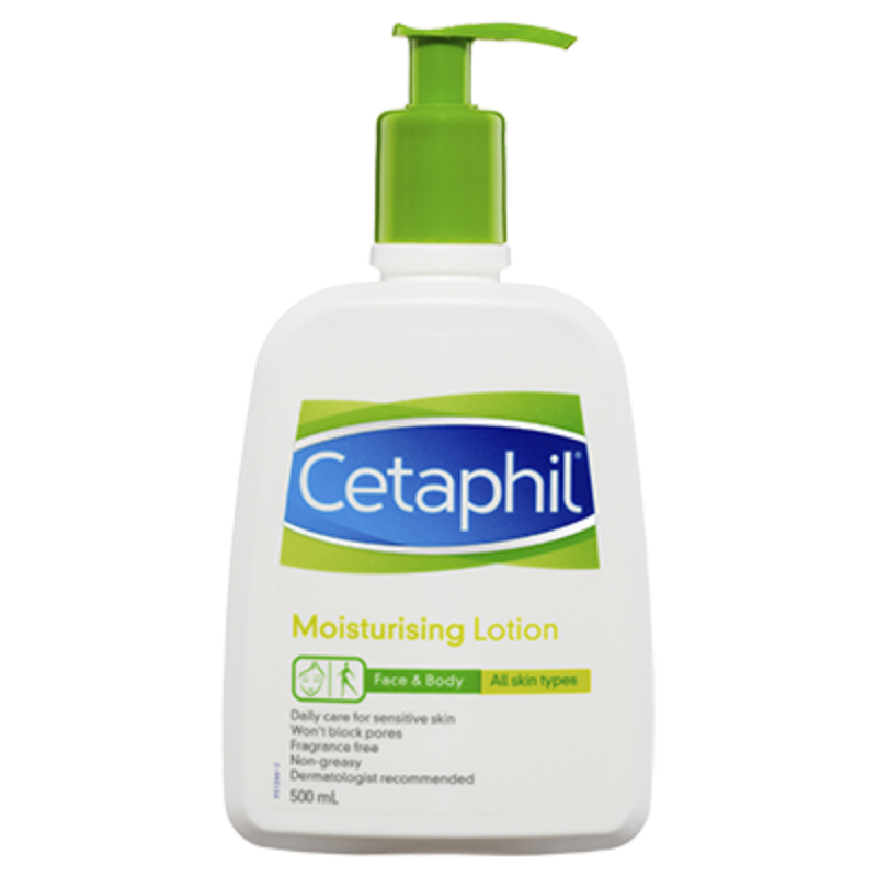 Cetaphil moisturizing lotion bottle with green pump on a white background
