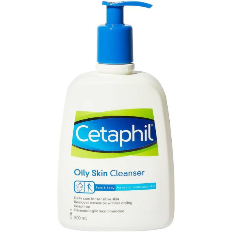 Cetaphil oily skin cleanser bottle with blue pump on a white background