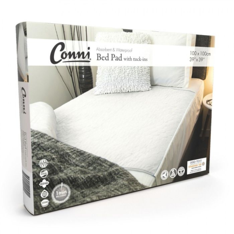 Packaging of Conni bed pad with a bed setup on a white background