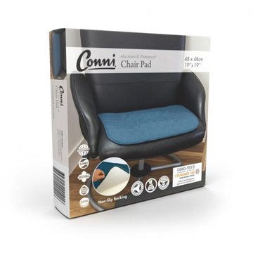 Packaging of Conni chair pad with a blue cushion on a white background
