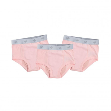 Three pairs of pink underwear with gray waistbands on a white background