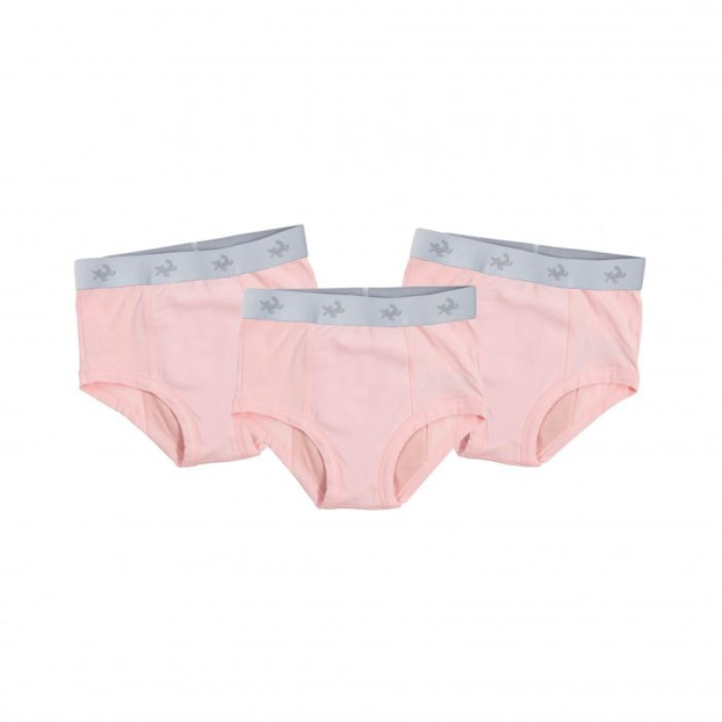 Three pairs of pink underwear with gray waistbands on a white background